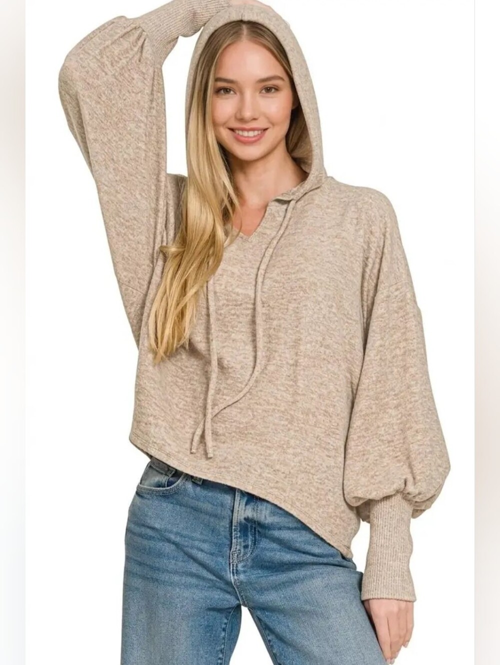 Zenana Outfitters Light Beige Hooded Pullover with Balloon Sleeves